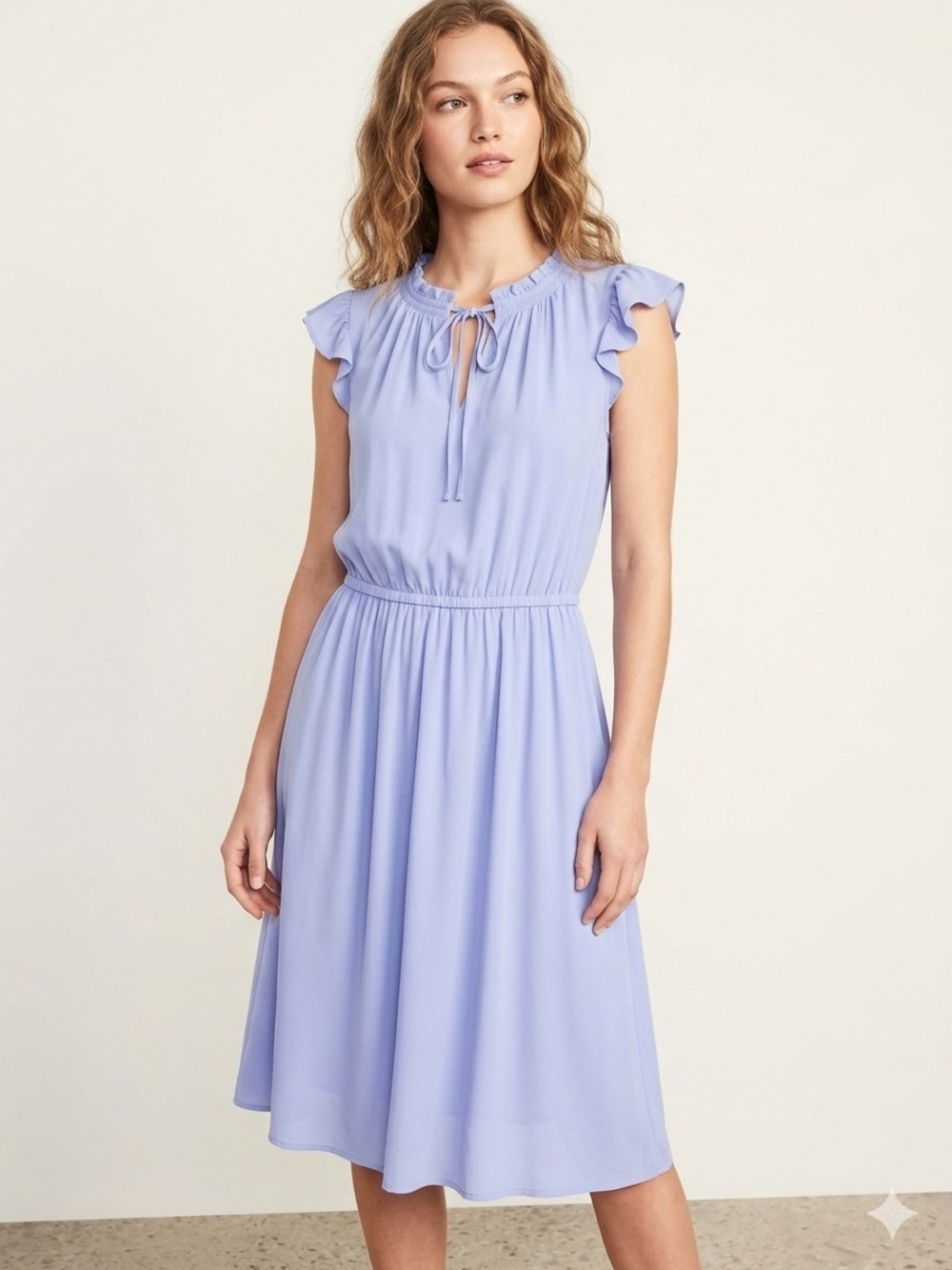Old Navy Lilac Purple Flutter Ruffle Sleeve Midi Dress Tie Neck Elastic Waist S